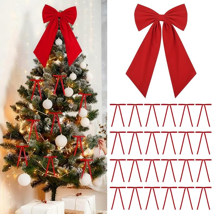 CEELGON Large Red Velvet Christmas Tree Topper Bow & 24 Pcs Long Velvet Ribbon Bows Xmas Decorati... | Amazon (US)
