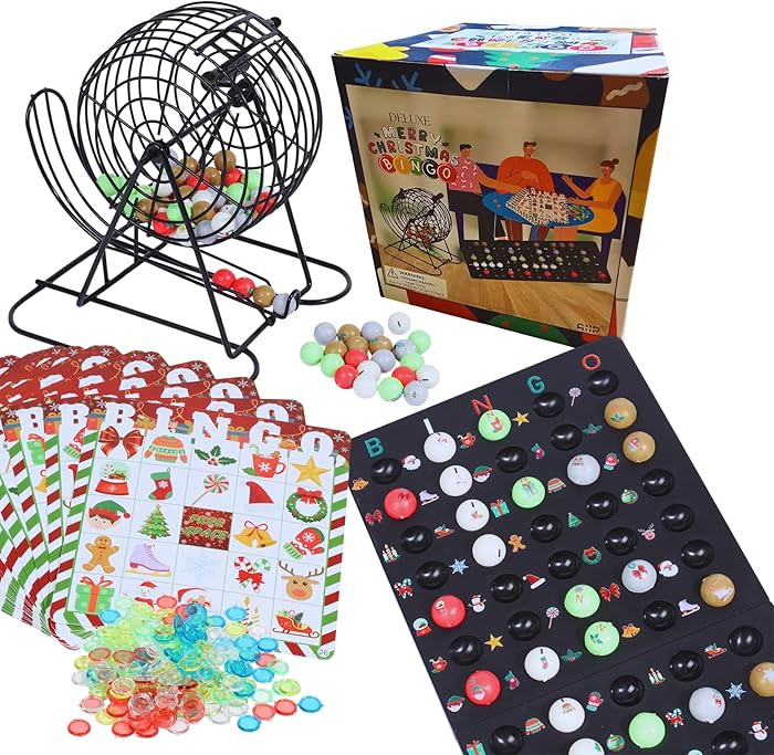 Deluxe Christmas Bingo Set - 8 Inch Metal Cage with Random Ball Selector, 50 Holiday Bingo Cards.... | Amazon (US)