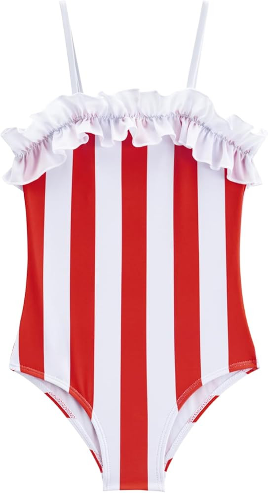 Girls Swimwear One Piece Striped 2-12Years Ruffle Trim Flounce Beach Bathing Suit for Kids | Amazon (US)