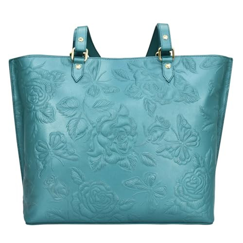Anuschka Women’s Hand-Painted Genuine Leather Large Zip Top Tote - Tooled Rose Teal | Amazon (US)