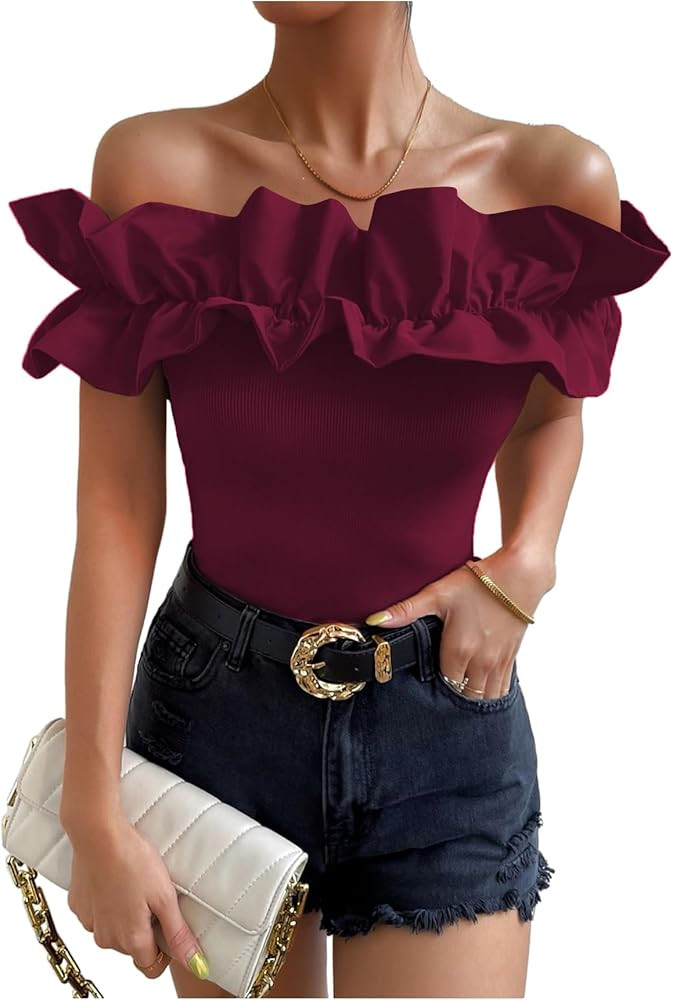 OYOANGLE Women's Ruffle Trim Off Shoulder Short Sleeve Blouse Party Tops Shirt | Amazon (US)