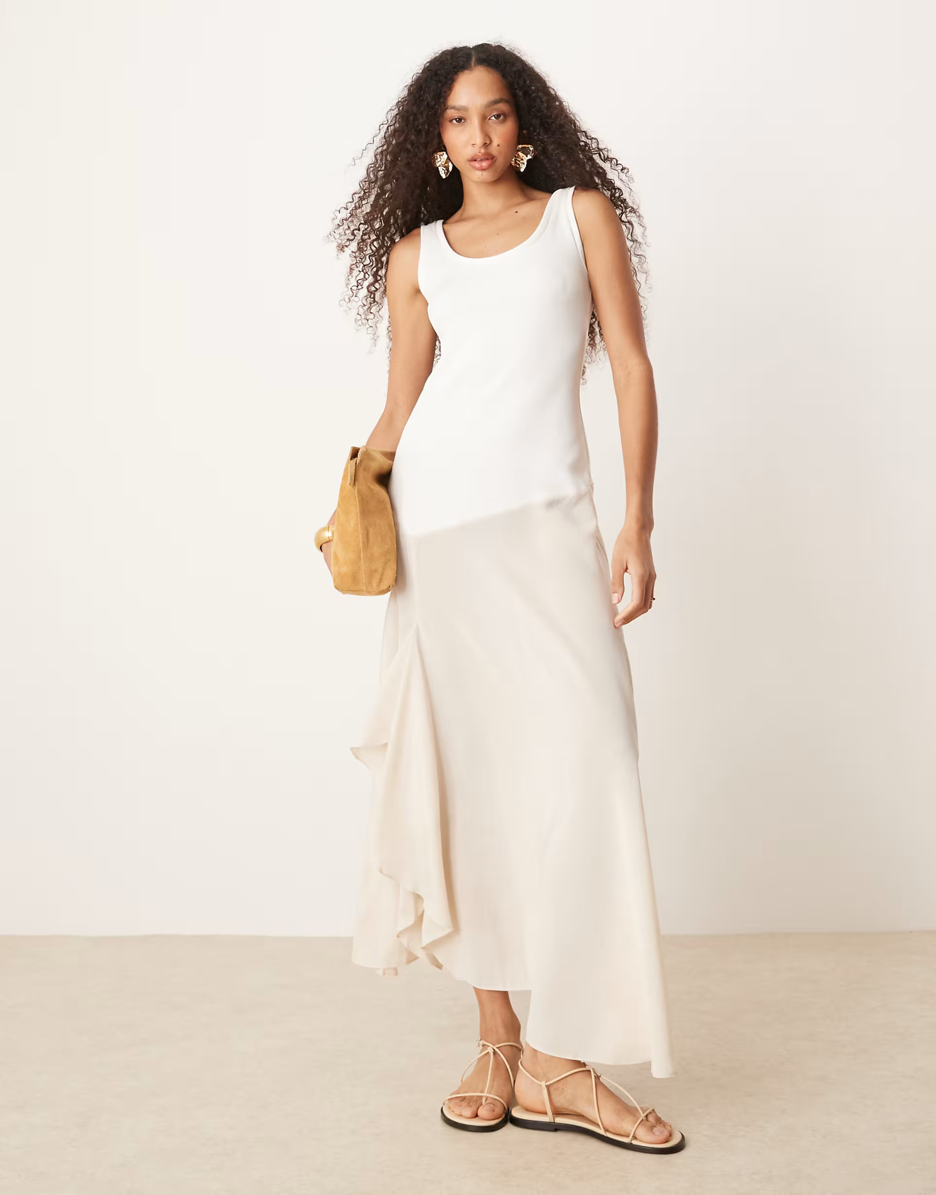 ASOS DESIGN scoop neck hybrid rib and cupro midi dress in ivory and white | ASOS (Global)
