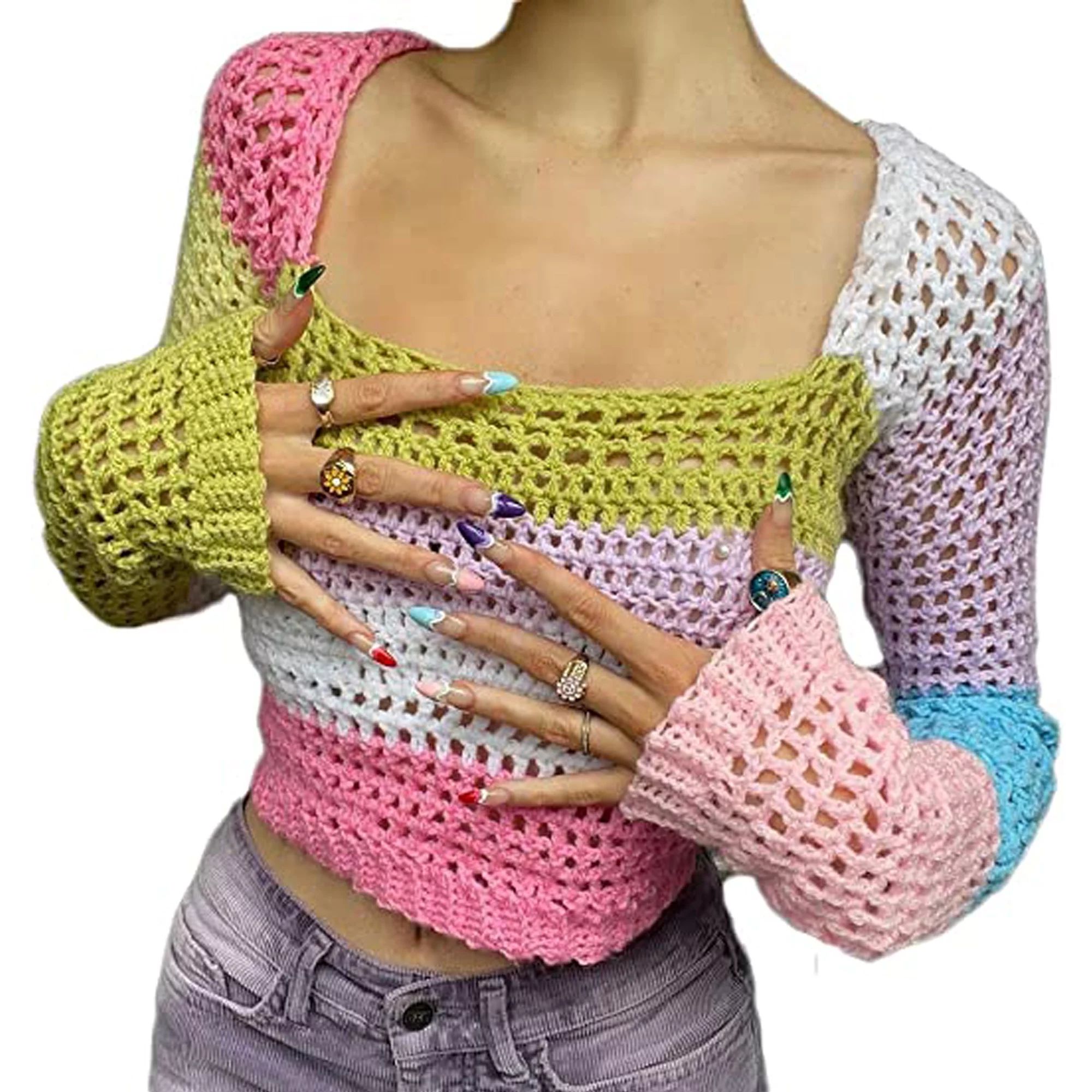 SuniserySunisery Women Hollow Out Crochet Knit Crop Top Y2k Color Block Tee Shirt E Girl Long Sle... | Walmart (US)