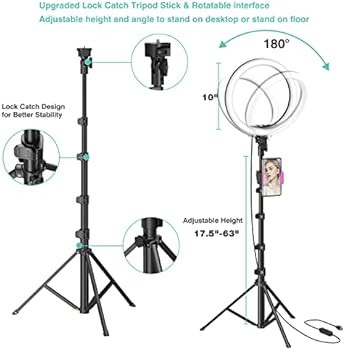 10" Selfie Ring Light with 63" Tripod Stand & Phone Holder for Live Stream/Makeup,Upgraded Dimmab... | Amazon (US)