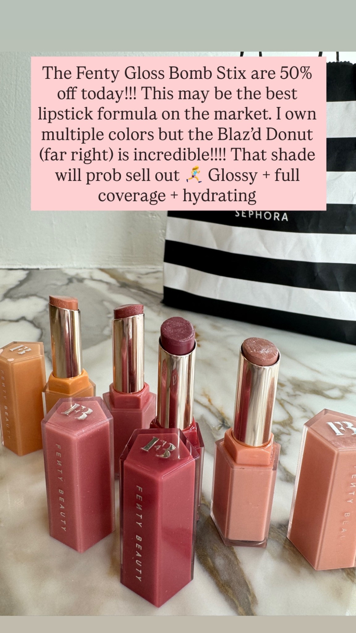 #sephorapartner One of my top lipsticks of all time, Fenty Gloss Bomb Stix, are 50% off today at @sephora! Sign up for their free Beauty Insider program and don’t forget about the Buy Online, Pick up in store and Same-Day Delivery options! 