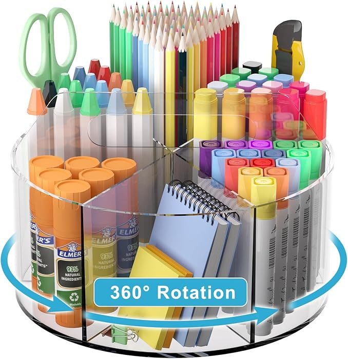 Acrylic Pen Holder for Desks, Acrylic Desk Organizer Clear, 360 Degree Pencil Holder for Desk Kid... | Amazon (US)