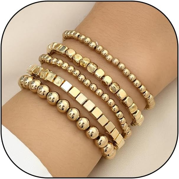 Boho Layered Gold Beaded Bracelets for Women Men Round Ball Square Geometric Beads Bracelets Mini... | Amazon (US)
