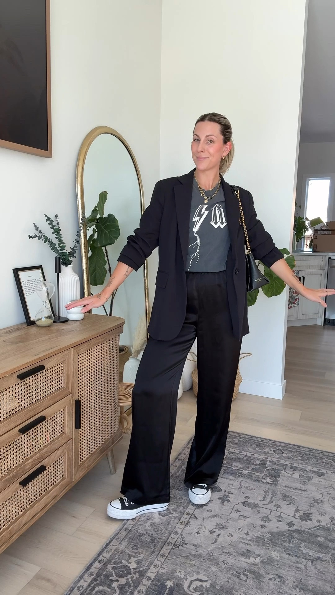 Day 2 styling satin pants 
Aritzia pants size medium 
Anine bing tshirt size small
Blazer 
Converse 

#LTKcanada