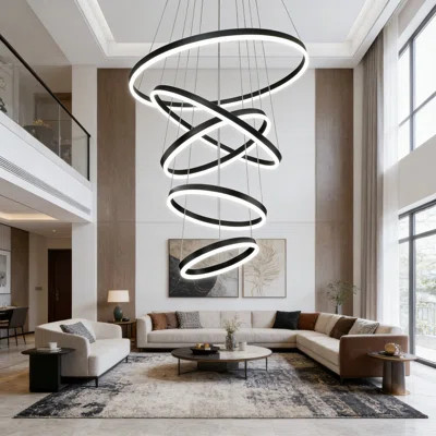 Modern 5-Ring LED Chandelier With Dimmable Remote Control And Adjustable Height, Acrylic Black Pendant Light Fixture For Dining Room, Living Room, Bed | Wayfair North America