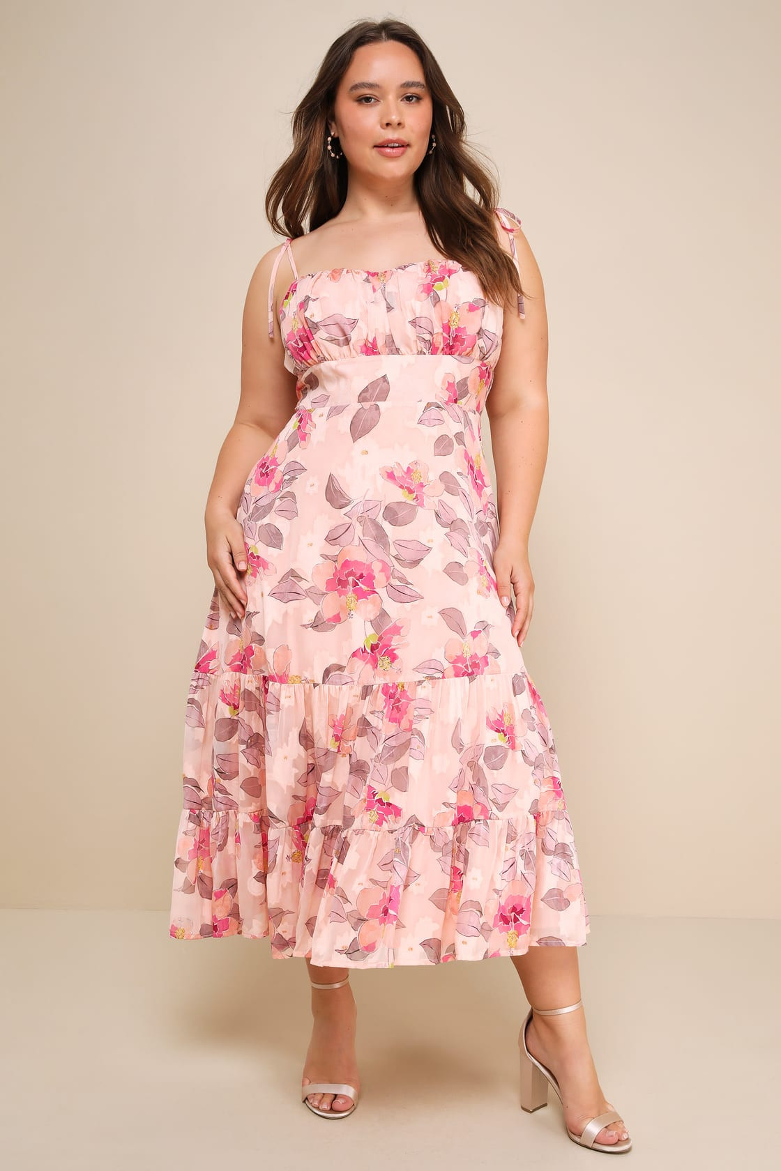 Tea Party Chic Pink Floral Print Tie-Strap Tiered Midi Dress | Lulus