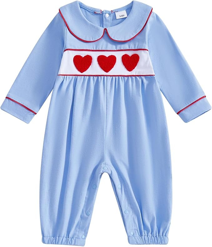 Newborn Baby Boy Valentines Day Outfit Heart Embroidery Smocked Romper Peter Pan Collar Long Slee... | Amazon (US)