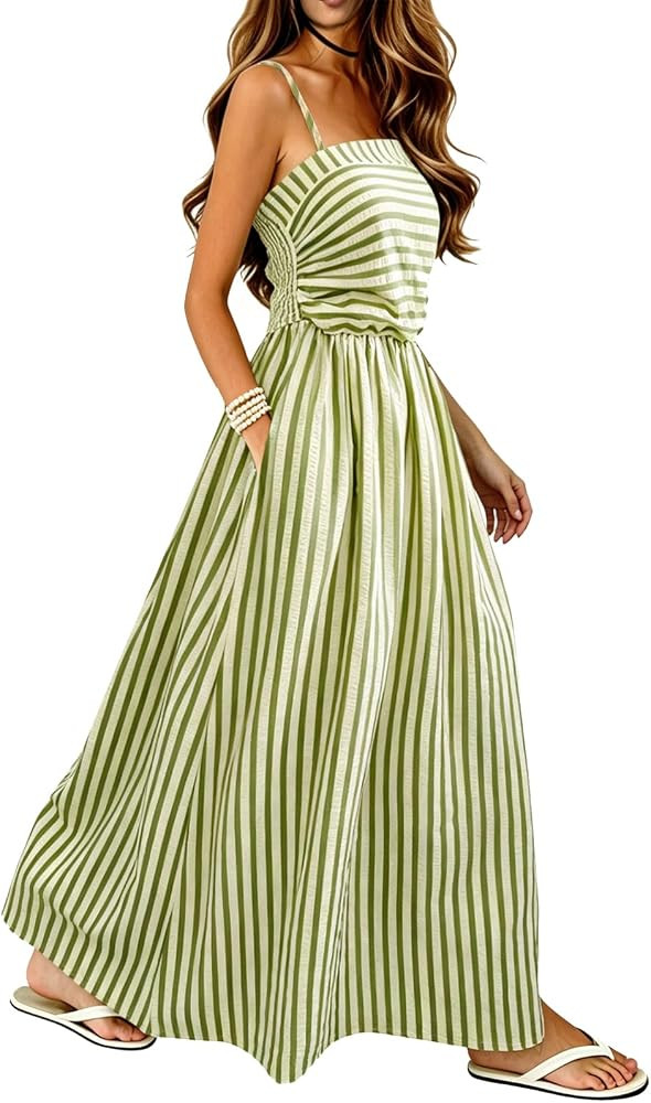Women's Striped Maxi Dress Spaghetti Strap Back Smocked Flowy Swing Beach Sundress | Amazon (US)