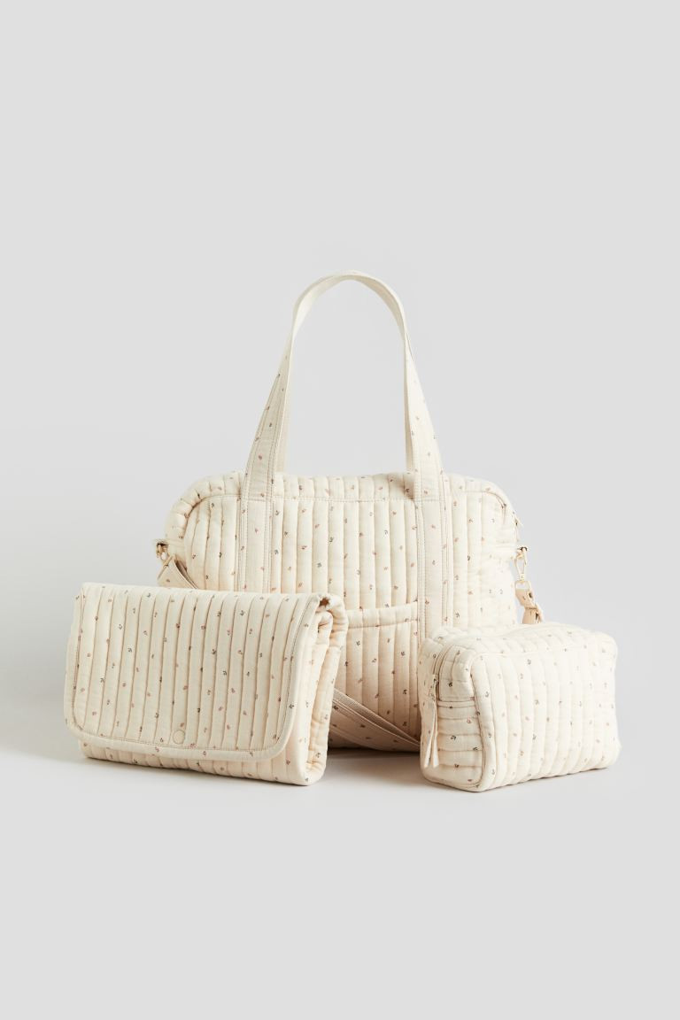 3-piece Quilted Diaper Bag Set - Cream/flowers - Kids | H&M US | H&M (US + CA)