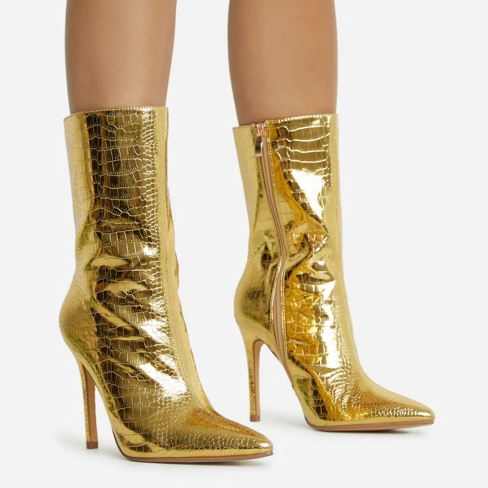 Attention-Seeker Pointed Toe Stiletto Heel Ankle Boot In Gold Metallic Croc Print Faux Leather | EGO Shoes (US & Canada)