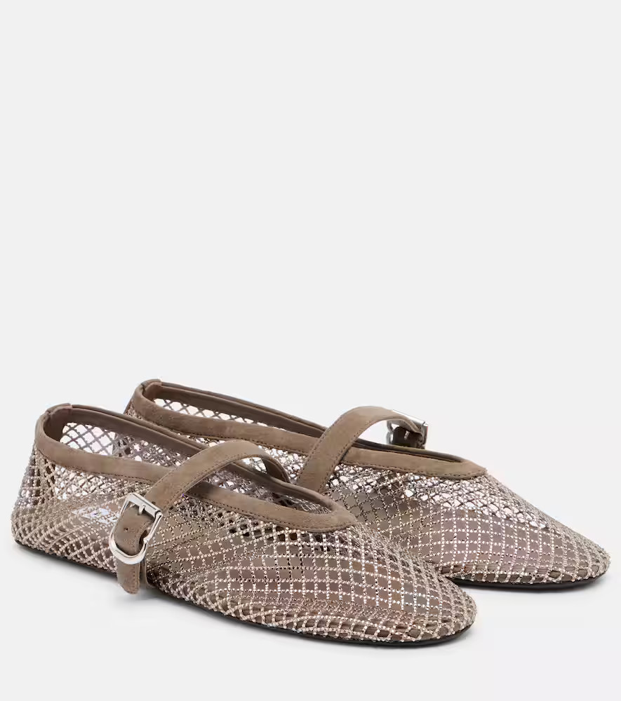 Alaia Embellished suede-trimmed fishnet ballet flats | Mytheresa (UK)