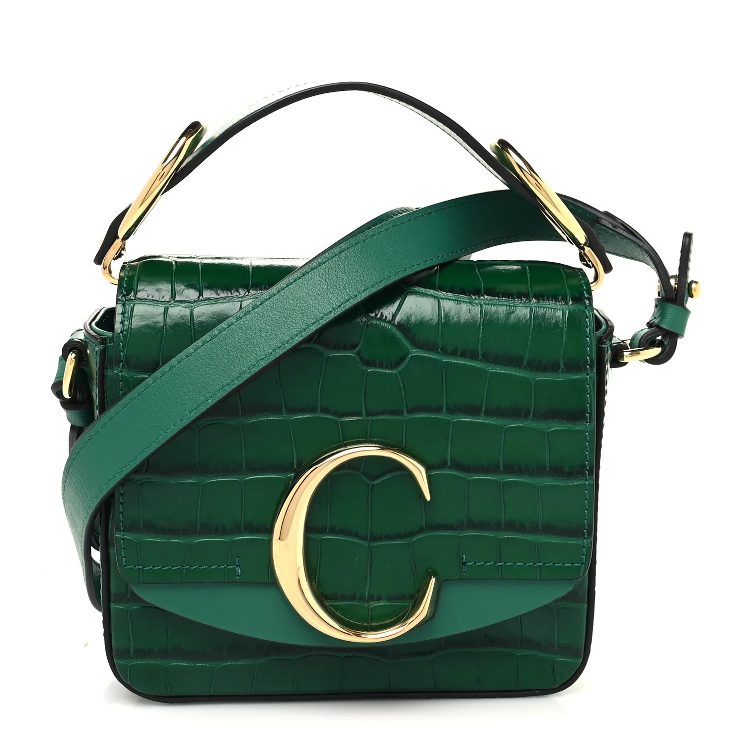 Calfskin Crocodile Embossed Mini C Double Carry Woodsy Green | FASHIONPHILE (US)