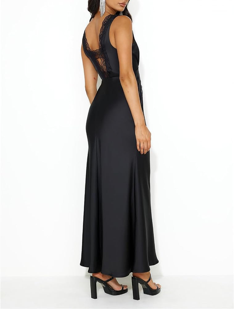 BAGONE Summer Satin Lace V Neck Backless Formal Wedding Guest Maxi Dresses | Amazon (US)