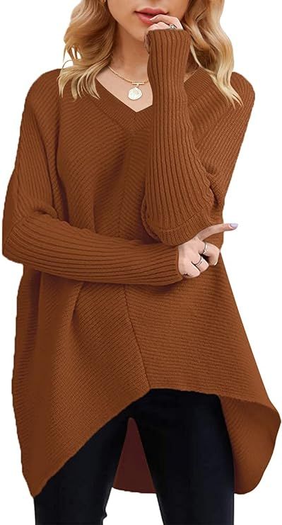 ANRABESS Womens V Neck Oversized Long Batwing Sleeve Asymmetric Hem Casual Pullover Sweater Knit ... | Amazon (US)