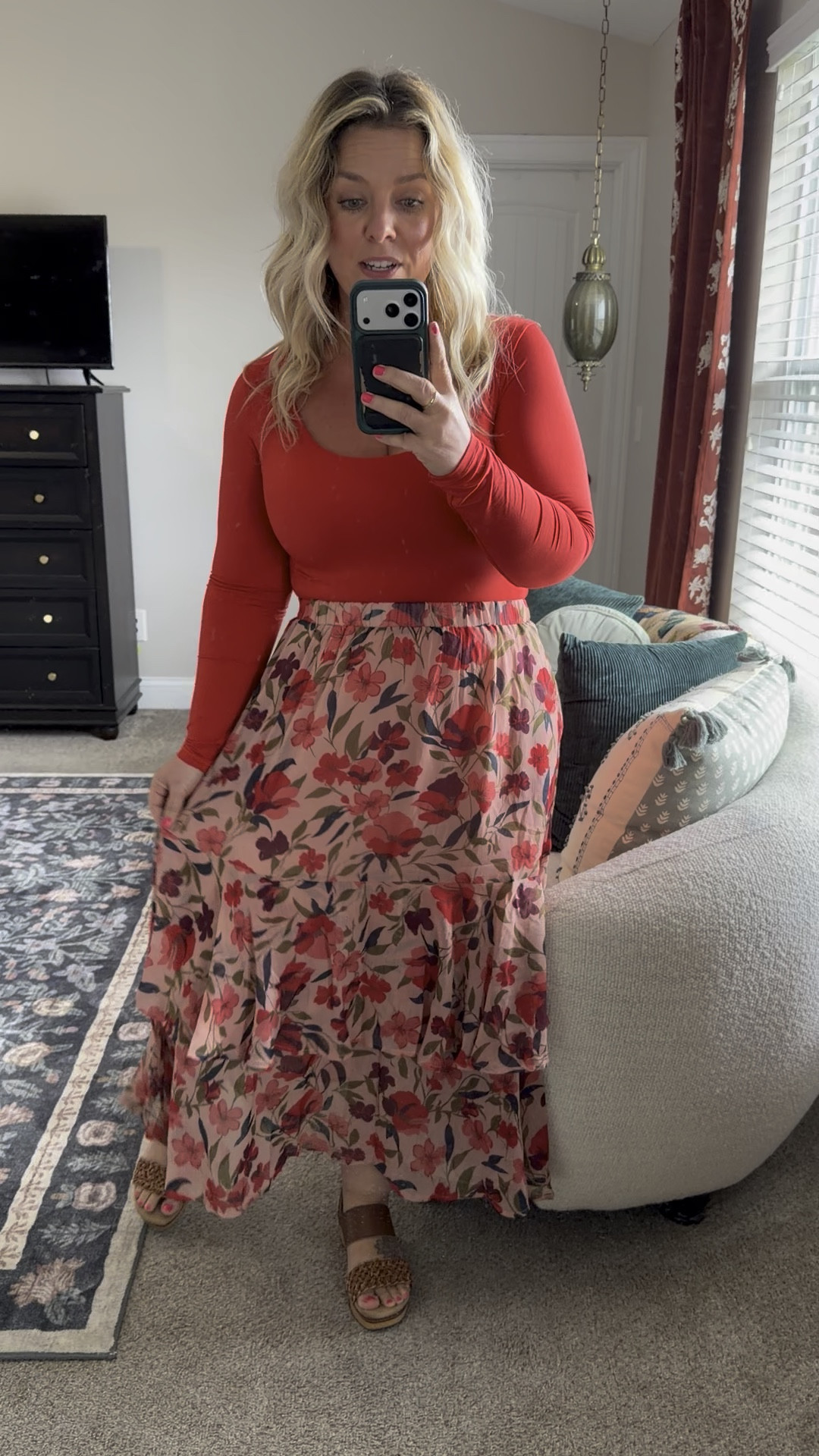 The whole look is Amazon! cutest floral ruffle maxi skirt & my fav double lined shirts that feel like Skims + the most comfy wedge sandals! Wearing my true size lg in all & I’m 5’2” so the skirt is petite friendly too!

#LTKMidsize #LTKOver40 #LTKPetite
