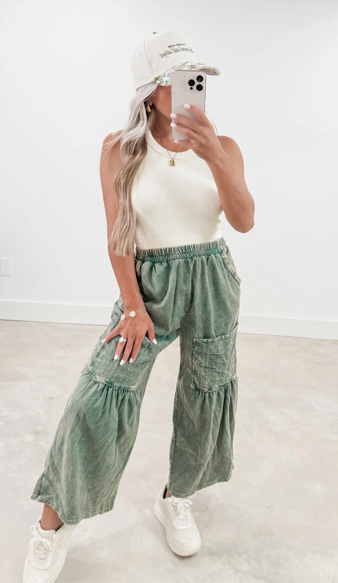 Never Been Better Mineral Wash Eyelet Front Pocket Cropped Pants - Olive | CK Squared Boutique