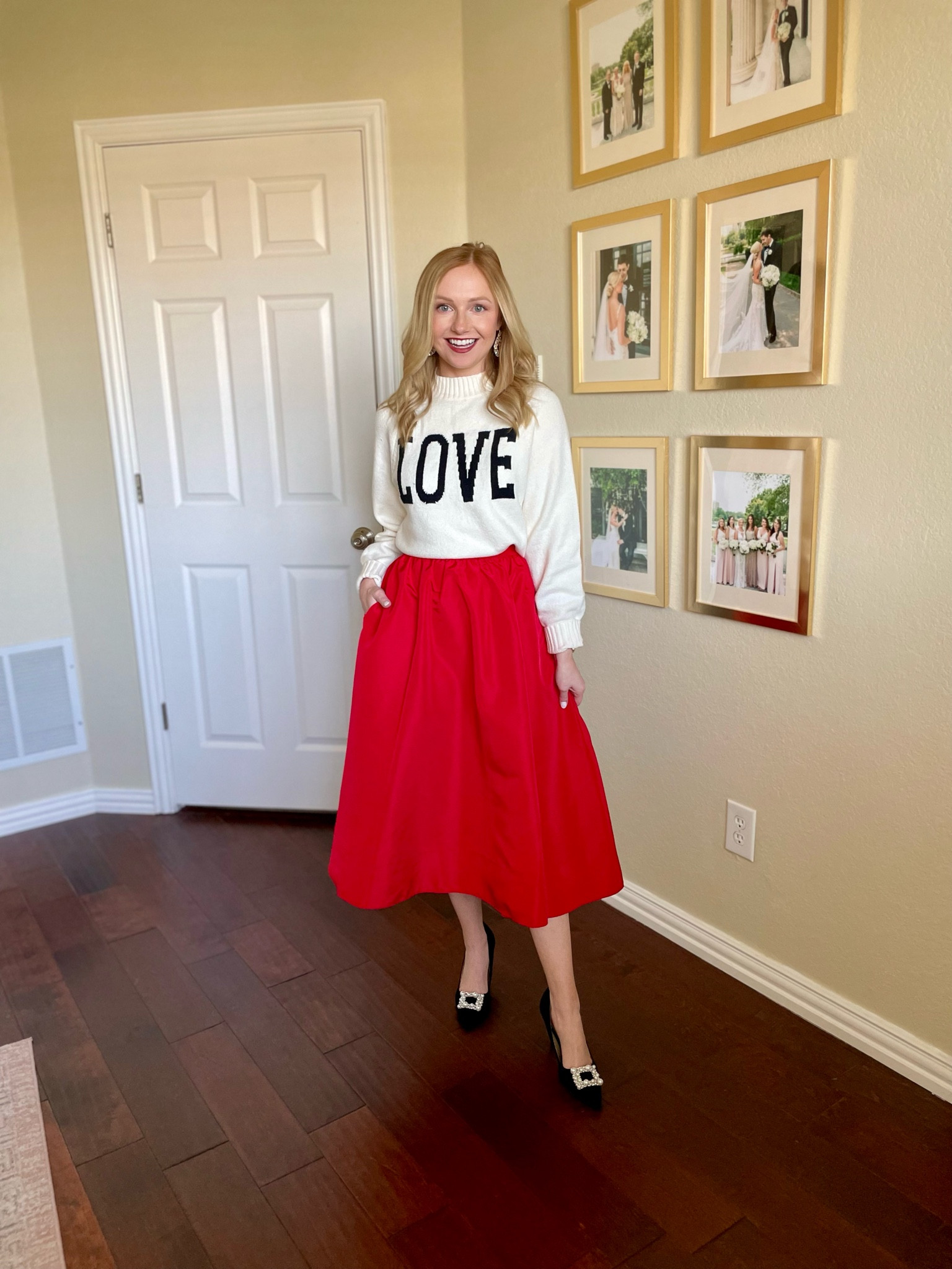 Wearing an XS in top and skirt | holiday outfit, red skirt, midi skirt, Christmas photos outfit, holiday party outfit 

#LTKSeasonal #LTKHoliday #LTKSaleAlert