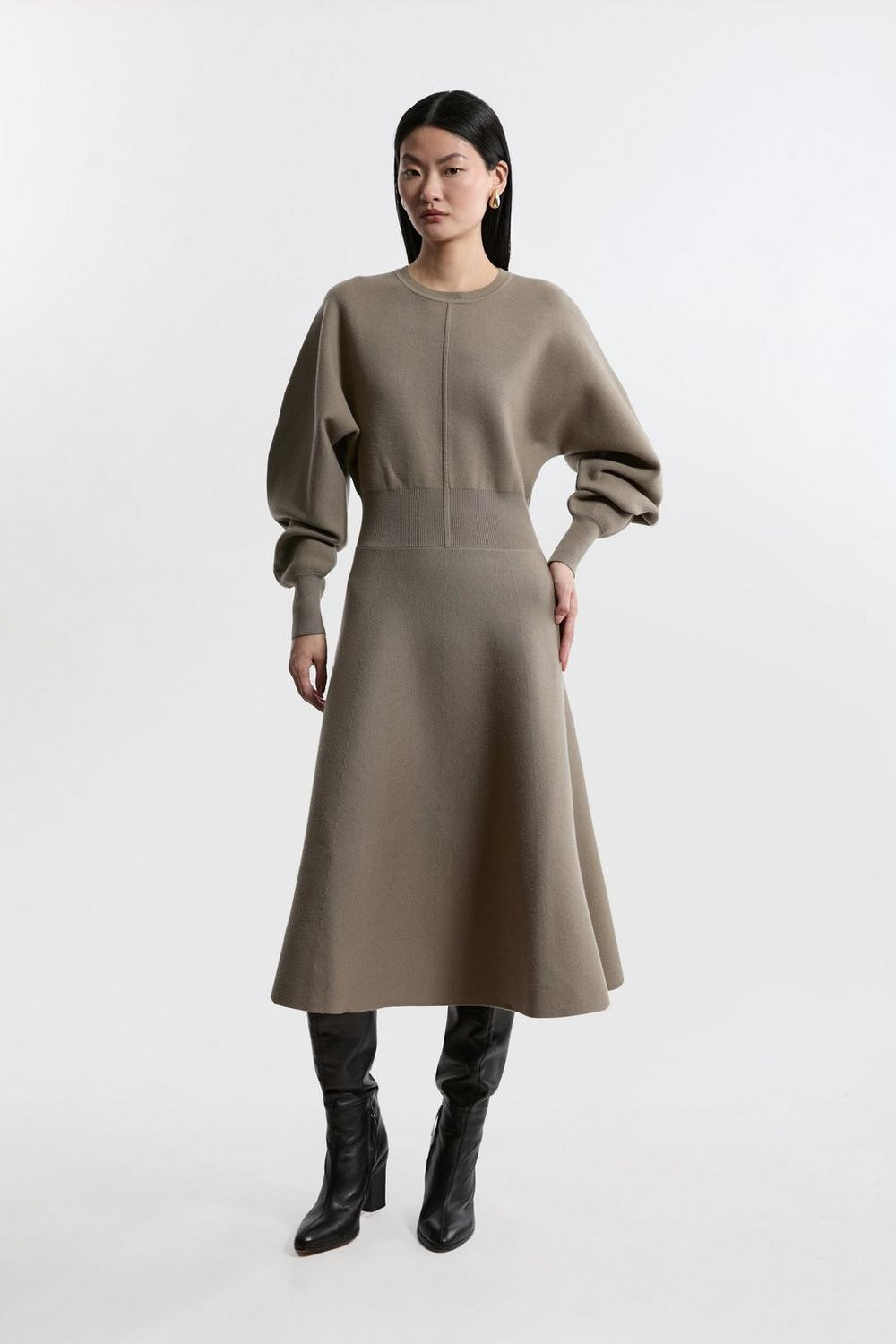 Compact Wool Look Milano Knit Round Sleeve Midaxi Dress | Karen Millen UK + IE + DE + NL