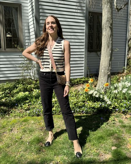 Loving this striped knit tank with the gold buttons. It has designer feels for less. My designer sling backs were a second hand find and I linked similar as well as my exact purse and corduroys. This outfit is perfect for the spring weather - our garden is in bloom! 🌼🌞

#LTKfindsunder100 #LTKSeasonal #LTKstyletip