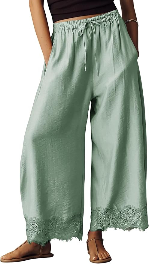 Lviefent Womens Cropped Lace Hem Pants Casual Drawstring Waist Summer Wide Leg Pants Beach Trouse... | Amazon (US)