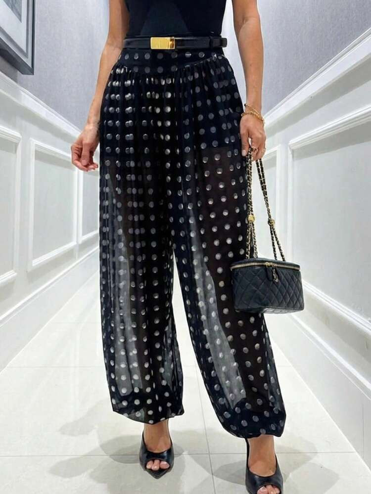 Women's Polka Dot Sheer Lantern Pants High Waist Loose Fit Harem Pants Vintage See-Through Trouse... | SHEIN