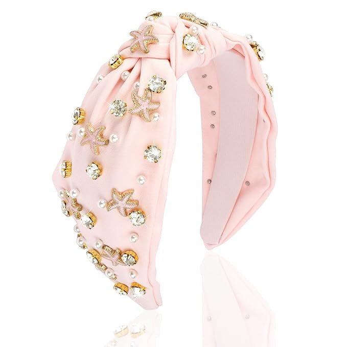 Light Pink Embellished Headband with Pearls and Rhinestones - Women's Wide Top Knot Headband, Cry... | Amazon (US)