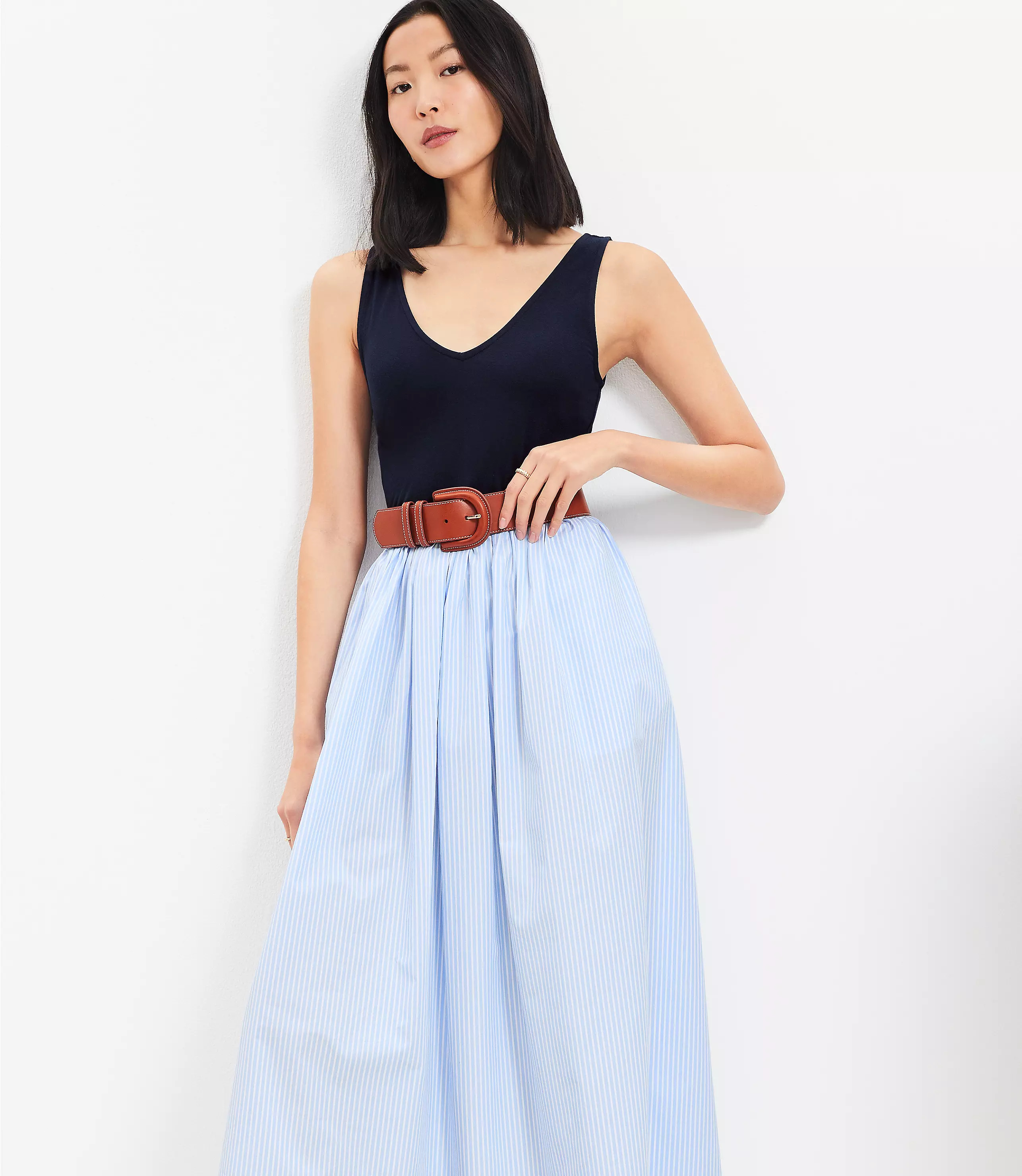 Striped Mixed Media Midi Pocket Dress | LOFT