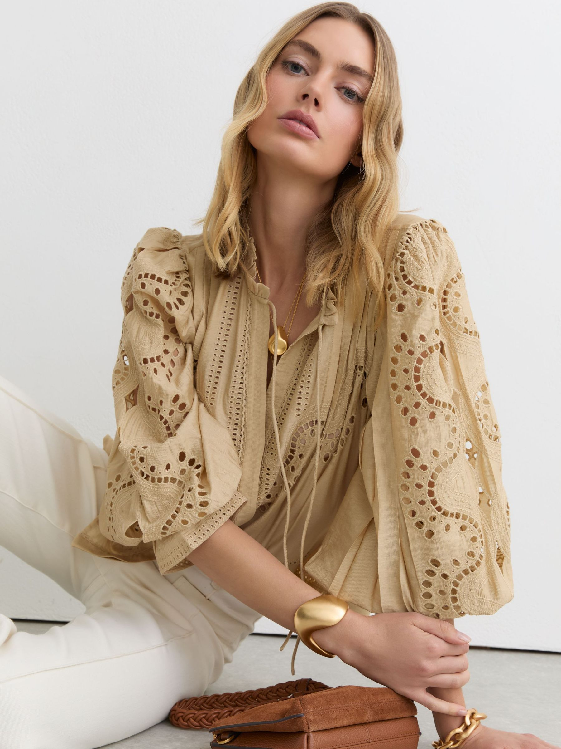 Broderie Anglaise Tie-Neck Blouse in Neutral | Reiss UK