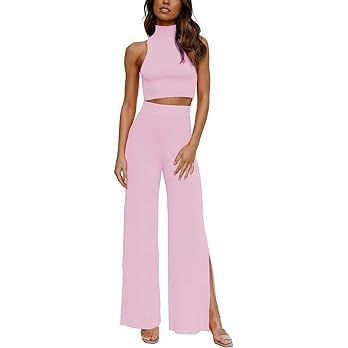 ARTFREE Womens 2 Piece Outfits Sets Casual Sweatsuits Streetwear, Ribbed Knit Palazzo Wide Leg Pa... | Amazon (US)