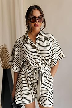 Yousify Womens Summer Rompers V Neck Waffle Short Sleeve Striped Button Down Jumpsuit with Pocket... | Amazon (US)