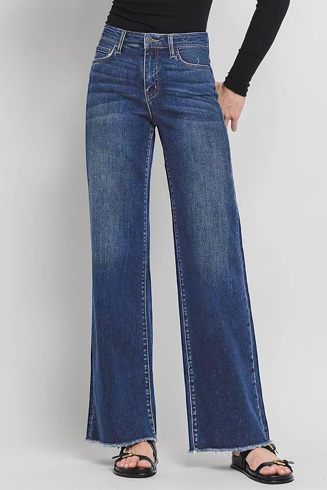 Allimy Women's Straight Leg Flare Jeans High Waisted Strechy Raw Hem Denim Pants | Amazon (US)