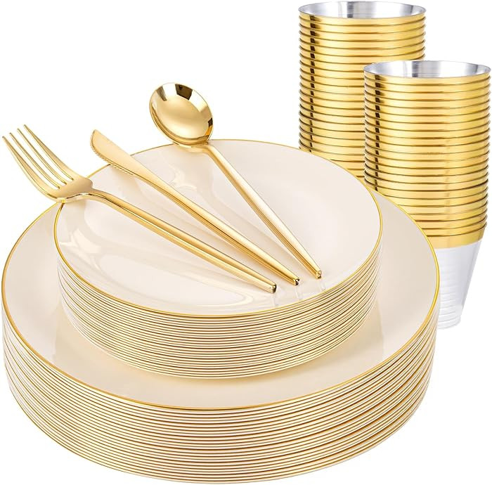 bUCLA 150PCS Ivory Plastic Plates with Gold Trim - Heavy Duty Cream Plastic Disposable for Party ... | Amazon (US)