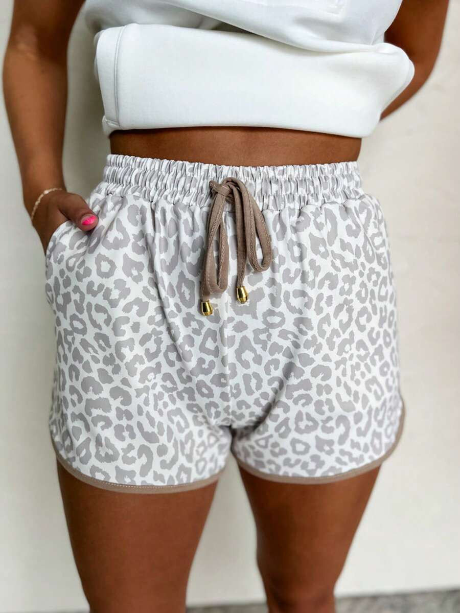 Acelitt Printed Leopard Print Elastic Drawstring Waist Colorblock Trim Semi-Sheer Casual Shorts W... | SHEIN