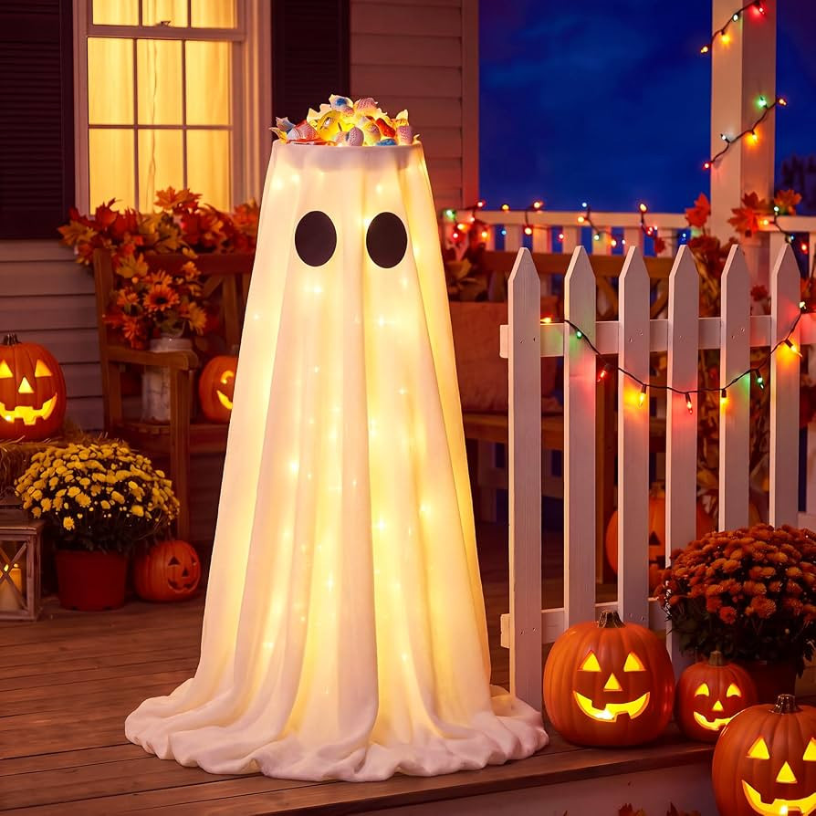 39 Inch Lighted LED Halloween Ghost Candy Bowl Stand with Remote & Timer | Amazon (US)
