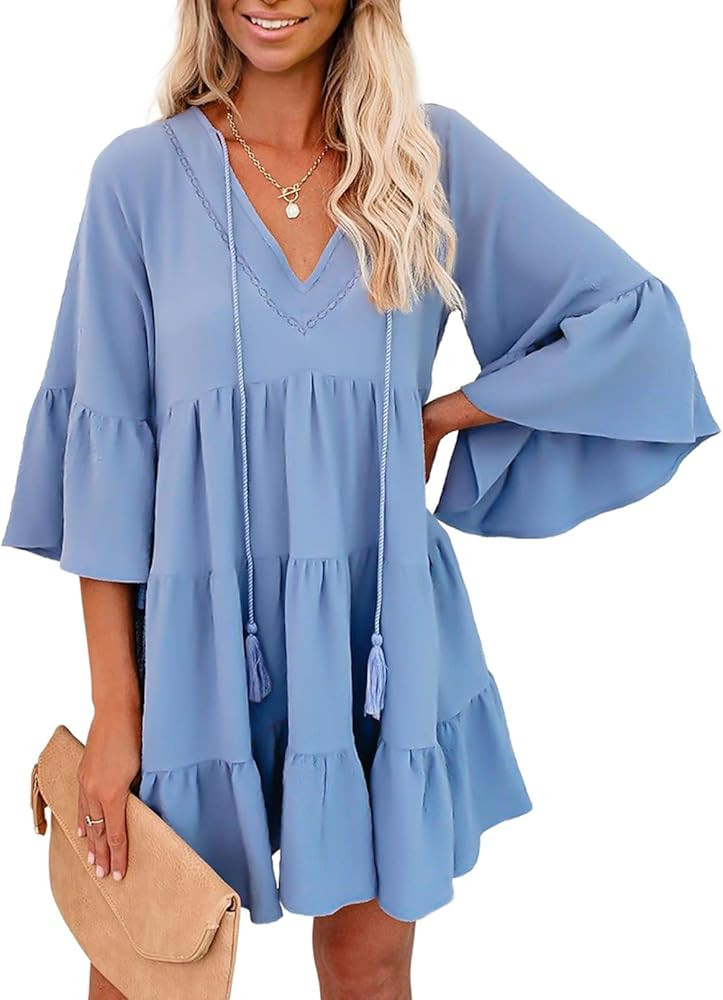 Eytino Women Casual V Neck Bell Sleeve Ruffle Tiered Pleated Loose Mini Swing Shift Dresses(S-XL) | Amazon (US)