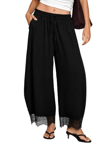 Lace Pants for Women Summer Casual Cropped Drawstring Waist Balloon Pants Lightweight Wide Leg Be... | Amazon (US)