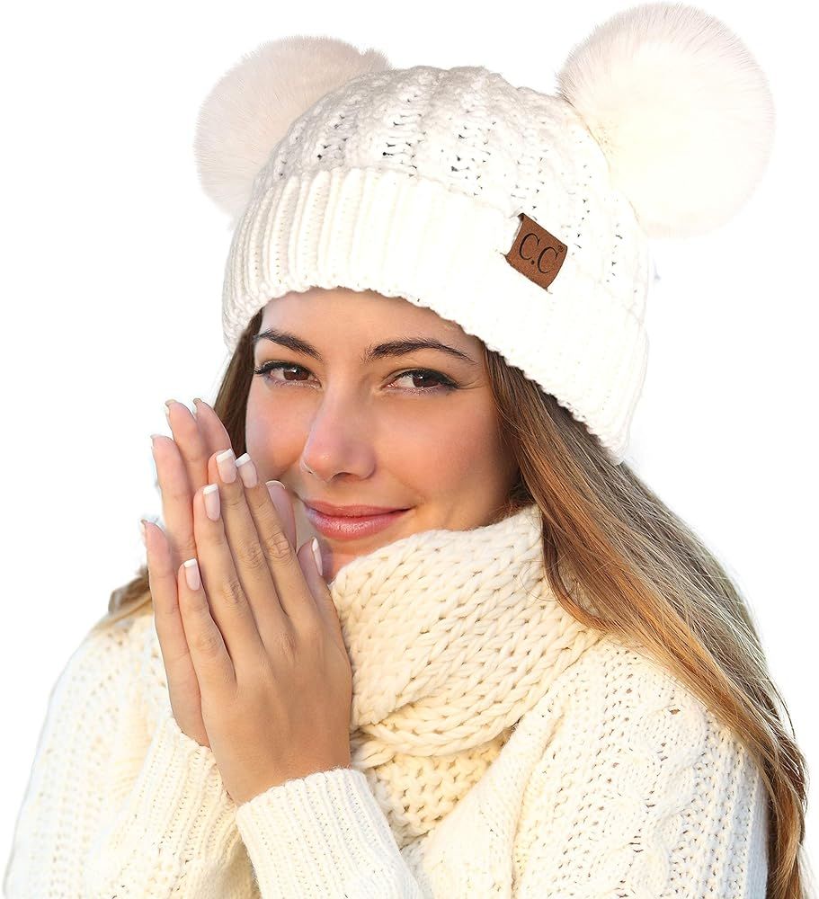 C.C Hatsandscarf Exclusives Cable Knit Double Pom Winter Beanie (HAT-2055)(HAT-23) | Amazon (US)
