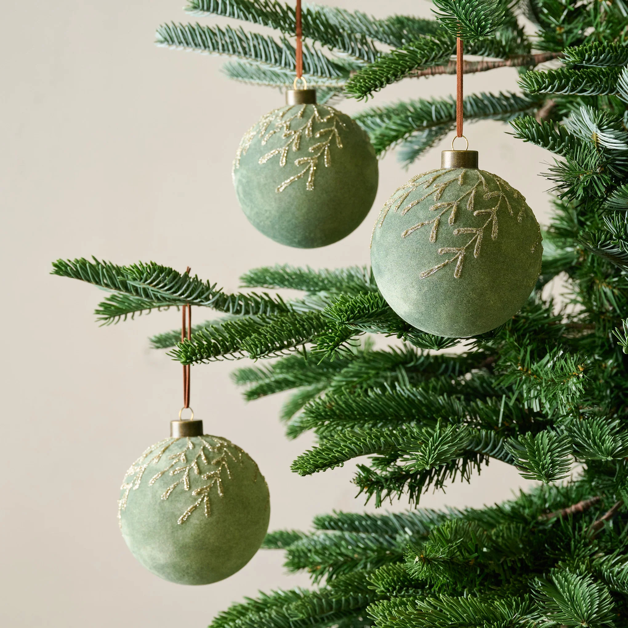 Flocked Floral Glitter Ornament, Set of 3 | Magnolia