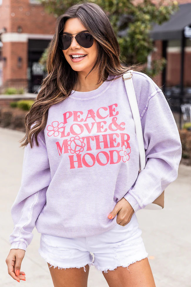 Peace Love and Motherhood Lilac Corded Graphic Sweatshirt | Pink Lily