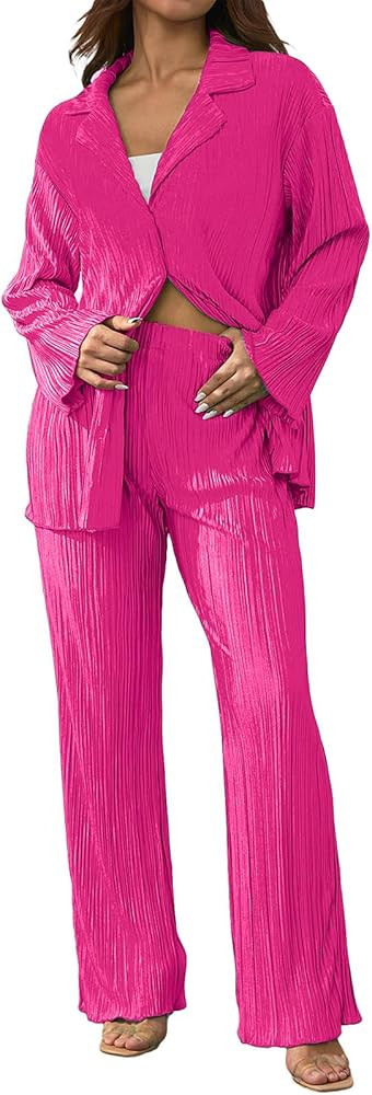 Women 2Pcs Outfits Sets Long Sleeve Lapel Button Down Shirts High Waist Wide Leg Pants Sets Loung... | Amazon (US)