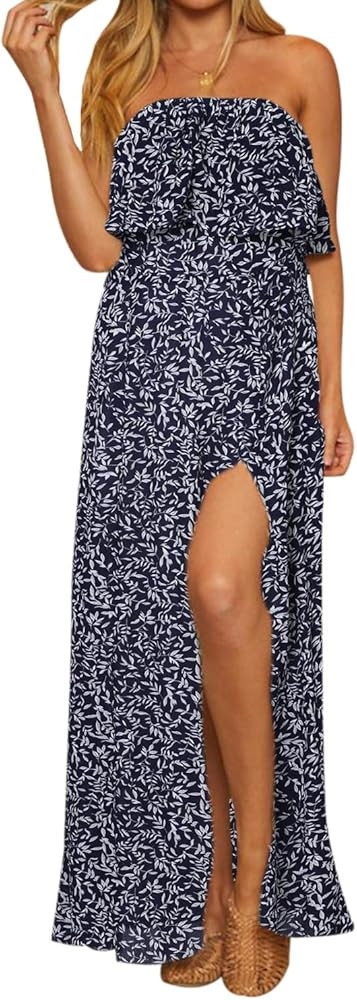 STYLE DOME Strapless Dresses for Women Off The Shoulder Maxi Long Ruffle Boho Summer Sexy Casual ... | Amazon (US)