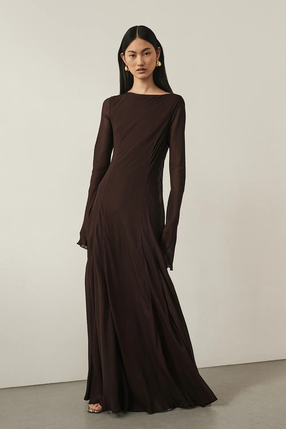 ELODIE DARK CHOC LONG SLEEVE MAXI DRESS | DISSH