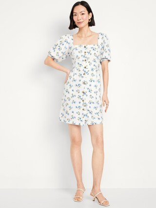 Puff-Sleeve Linen-Blend Mini Dress | Old Navy (US)