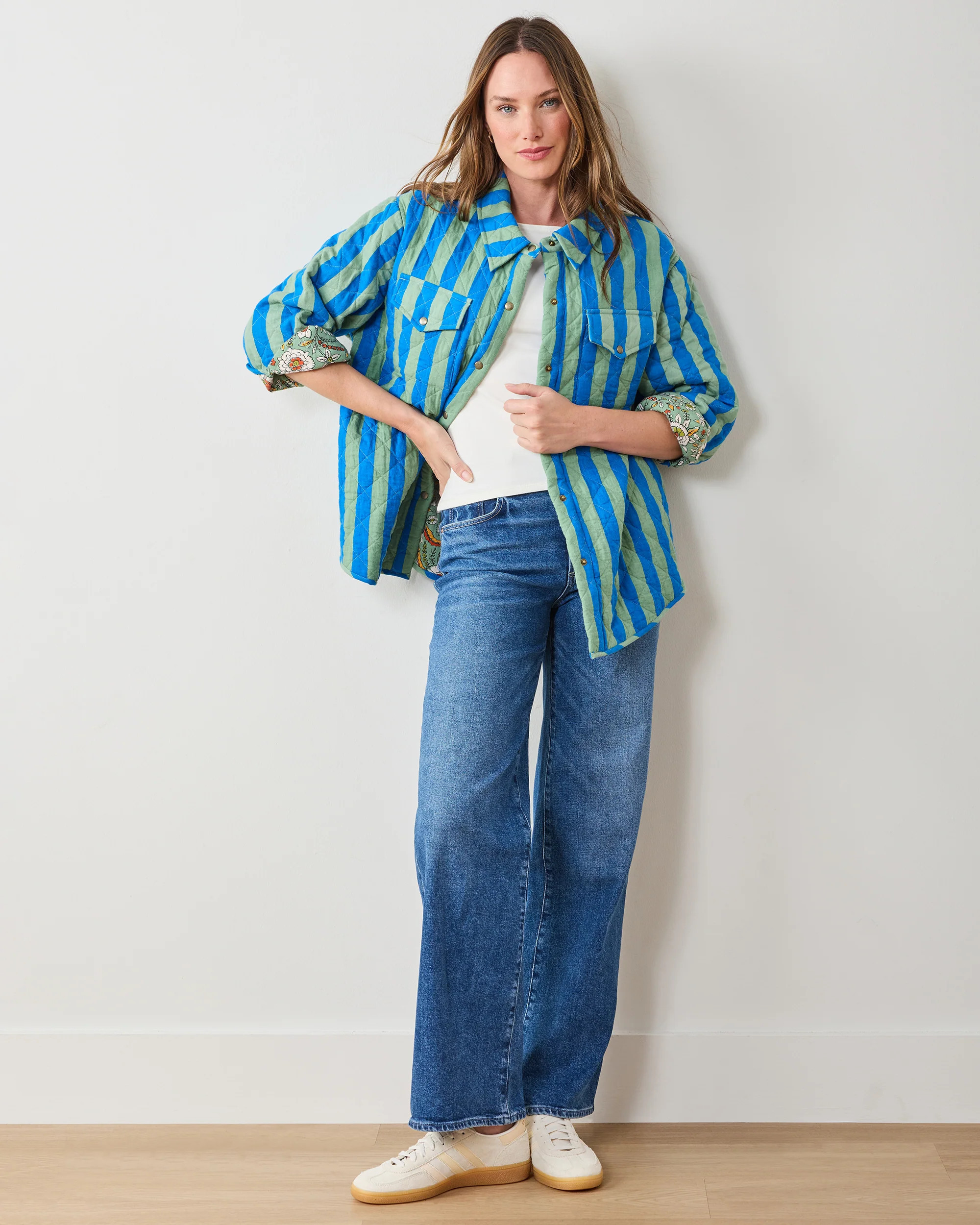 Quilted Cotton Quilted Lightweight Jacket in Green Bold Stripe - Women's S/M | Printfresh