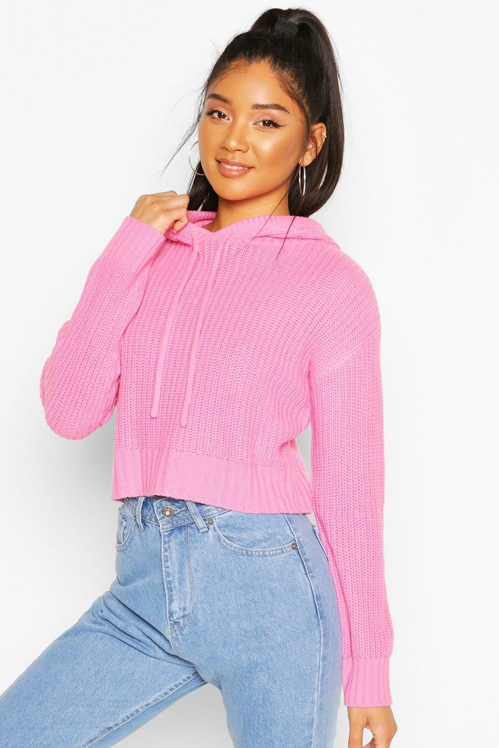 Womens Knitted Hooded Cropped Sweater - Pink - S | Boohoo.com (US & CA)