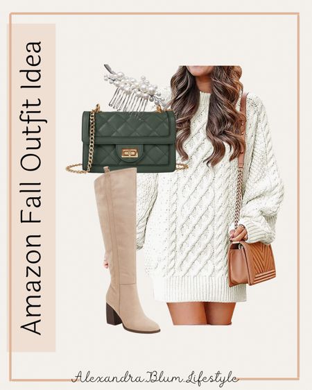 Amazon fall and winter outfit idea! Cute cable knit sweater dress, knee high nude boots, green crossbody date night purse, and pearl hair accent! Amazon fashion finds! Fall fashion! 

#LTKstyletip #LTKunder50 #LTKitbag